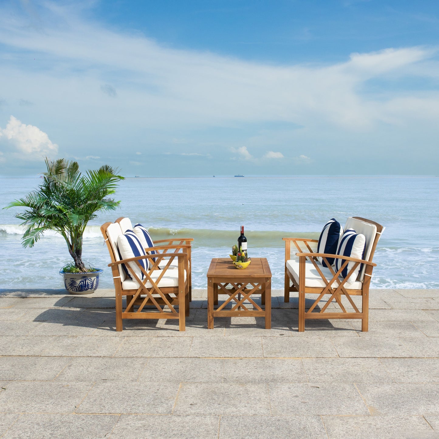 SAFAVIEH Outdoor Nayely Set da conversazione da patio in legno massello di acacia, 4 pezzi - 47L x 33P x 26A