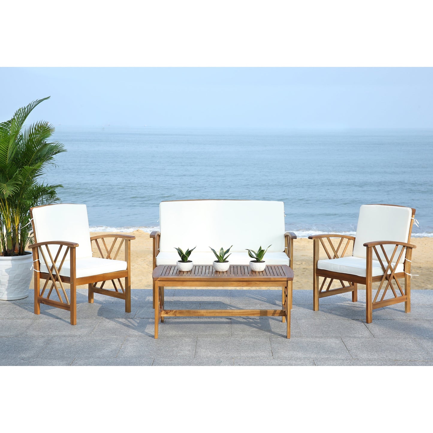 SAFAVIEH Outdoor Nayely Set da conversazione da patio in legno massello di acacia, 4 pezzi - 47L x 33P x 26A