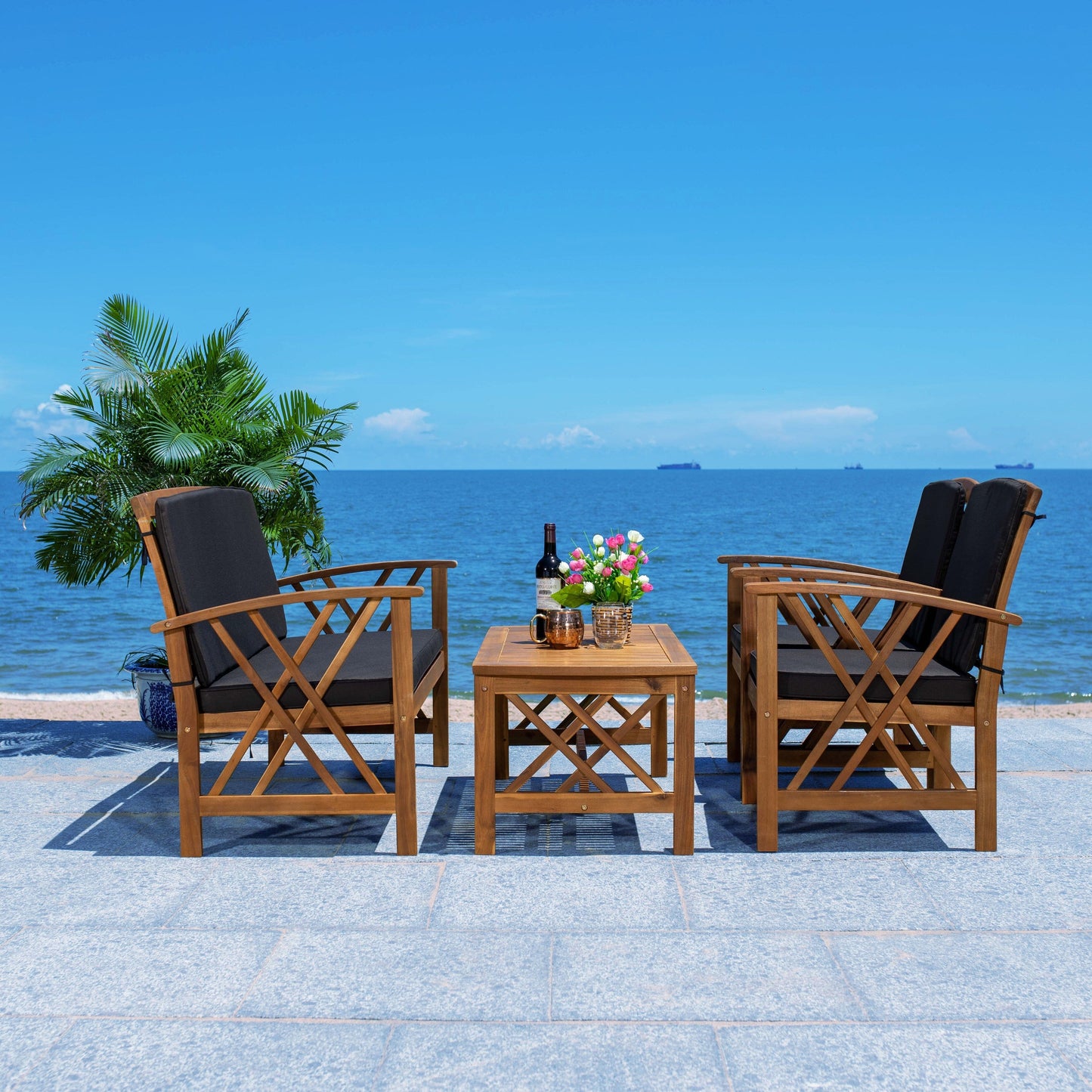 SAFAVIEH Outdoor Nayely Set da conversazione da patio in legno massello di acacia, 4 pezzi - 47L x 33P x 26A