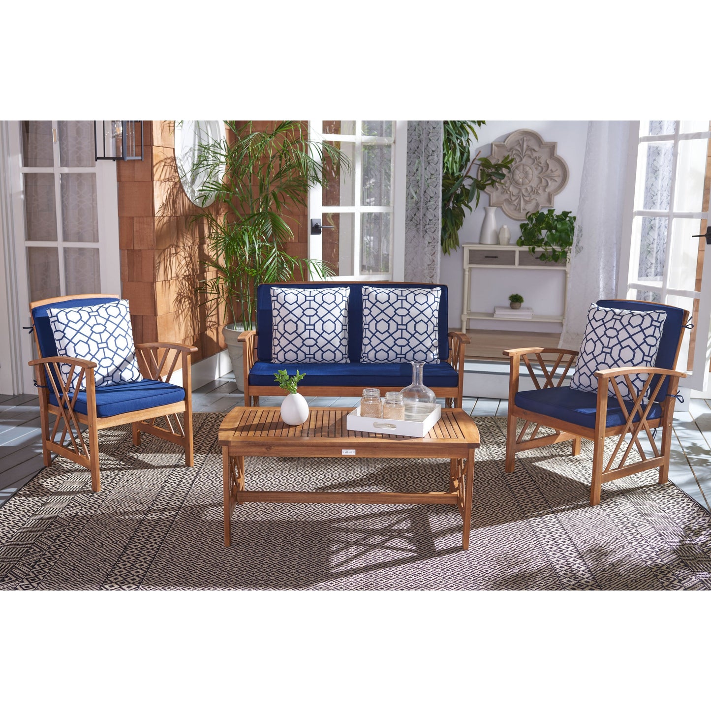 SAFAVIEH Outdoor Nayely Set da conversazione da patio in legno massello di acacia, 4 pezzi - 47L x 33P x 26A