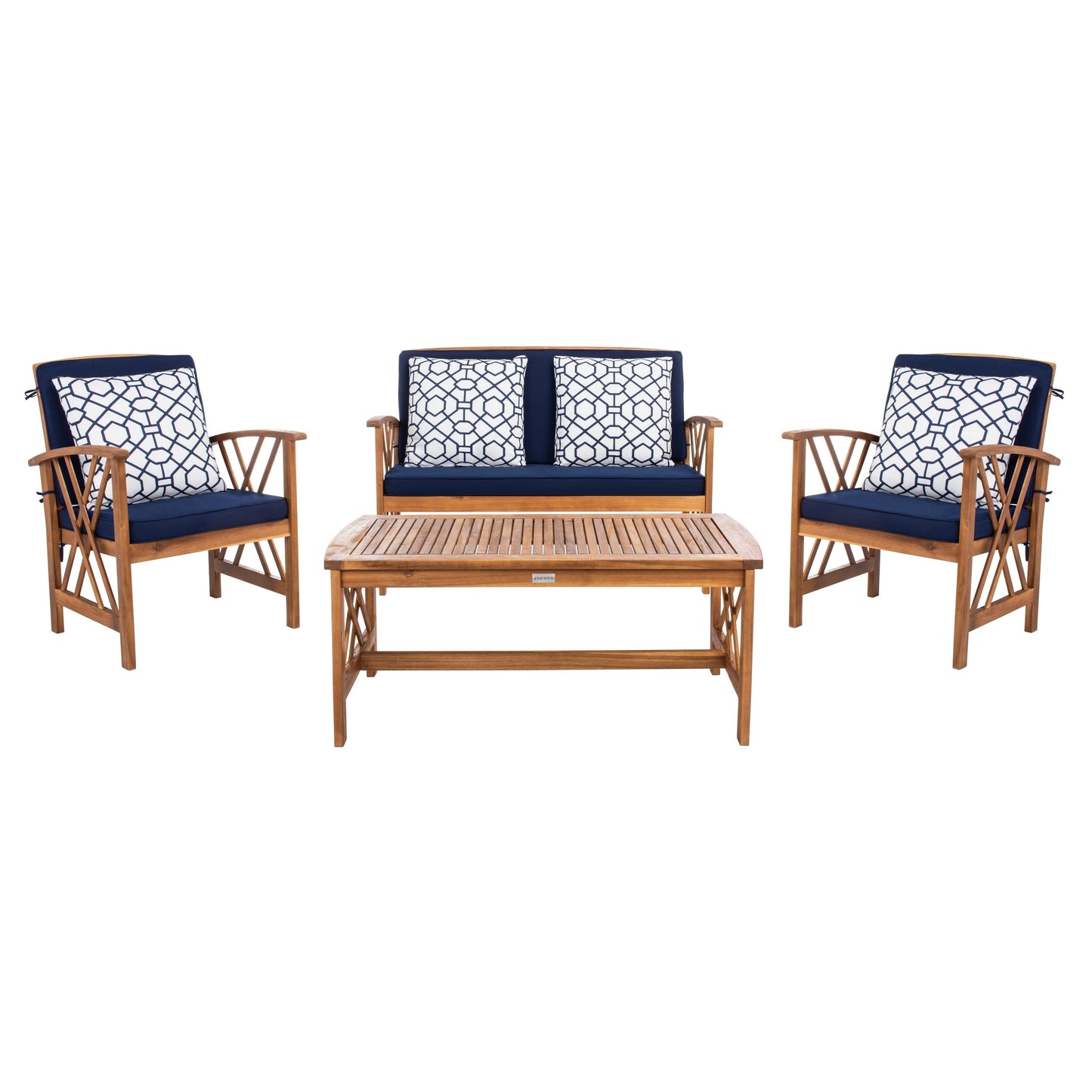 SAFAVIEH Outdoor Nayely Set da conversazione da patio in legno massello di acacia, 4 pezzi - 47L x 33P x 26A