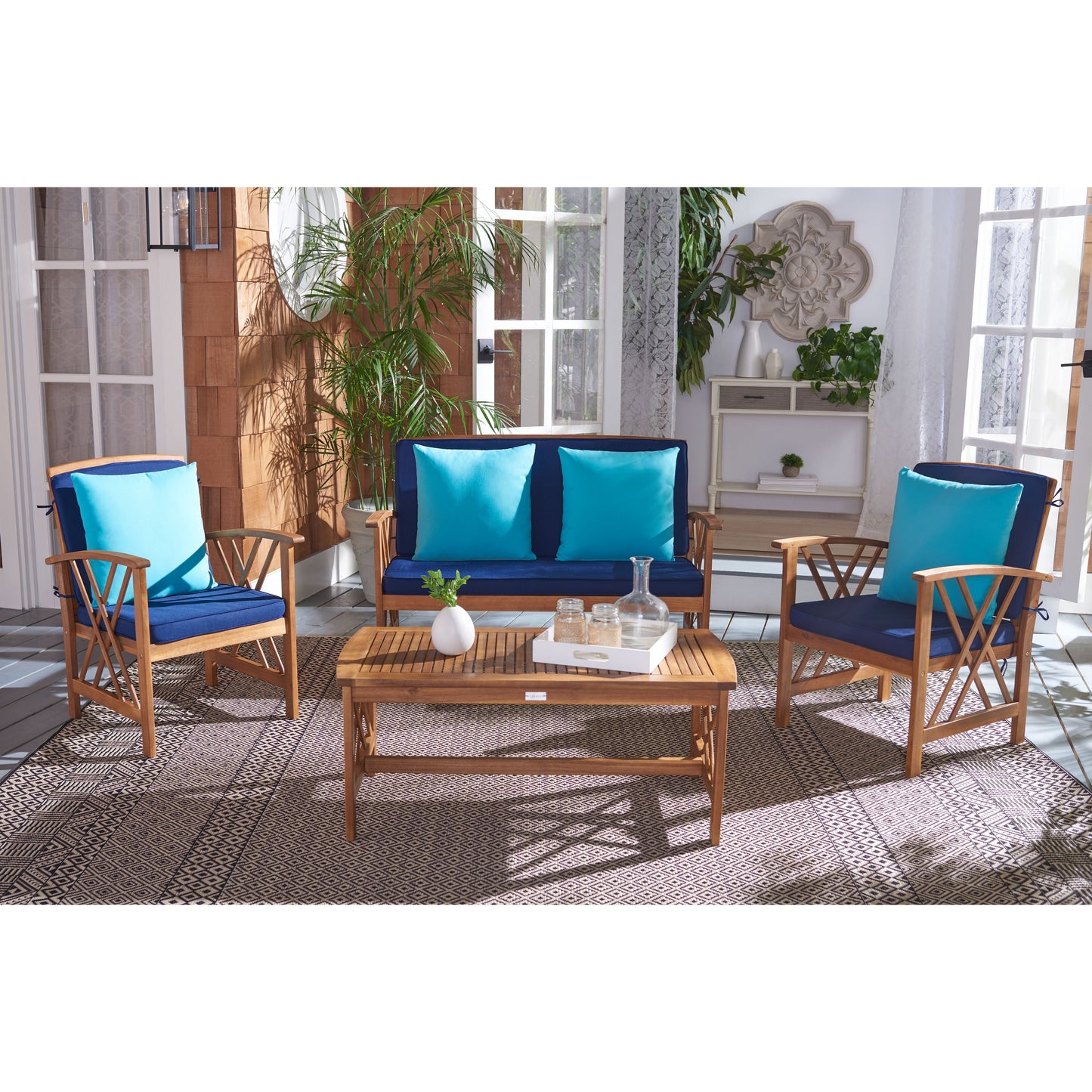SAFAVIEH Outdoor Nayely Set da conversazione da patio in legno massello di acacia, 4 pezzi - 47L x 33P x 26A