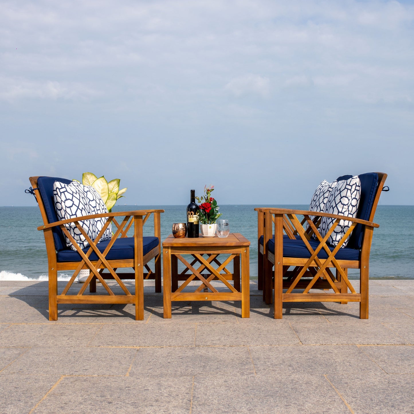 SAFAVIEH Outdoor Nayely Set da conversazione da patio in legno massello di acacia, 4 pezzi - 47L x 33P x 26A