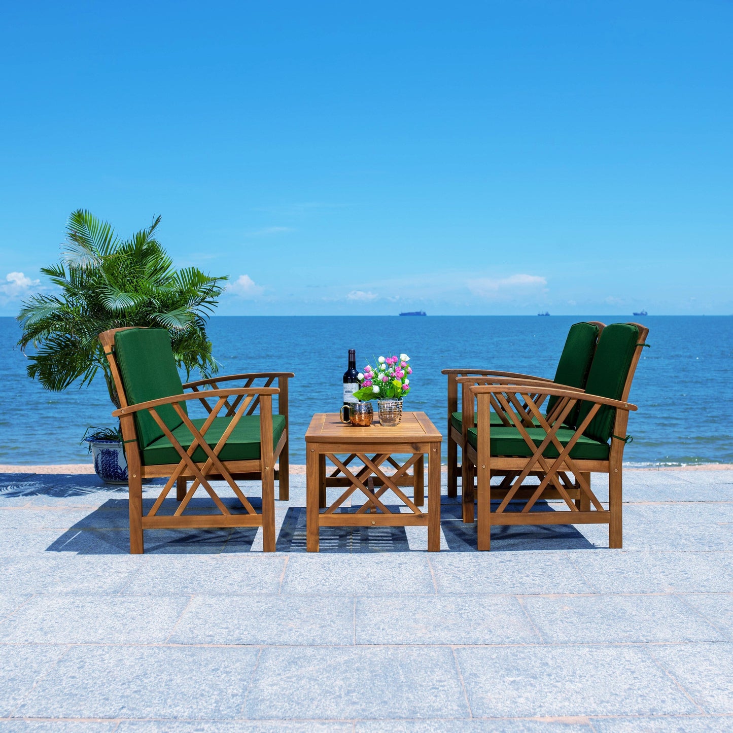 SAFAVIEH Outdoor Nayely Set da conversazione da patio in legno massello di acacia, 4 pezzi - 47L x 33P x 26A