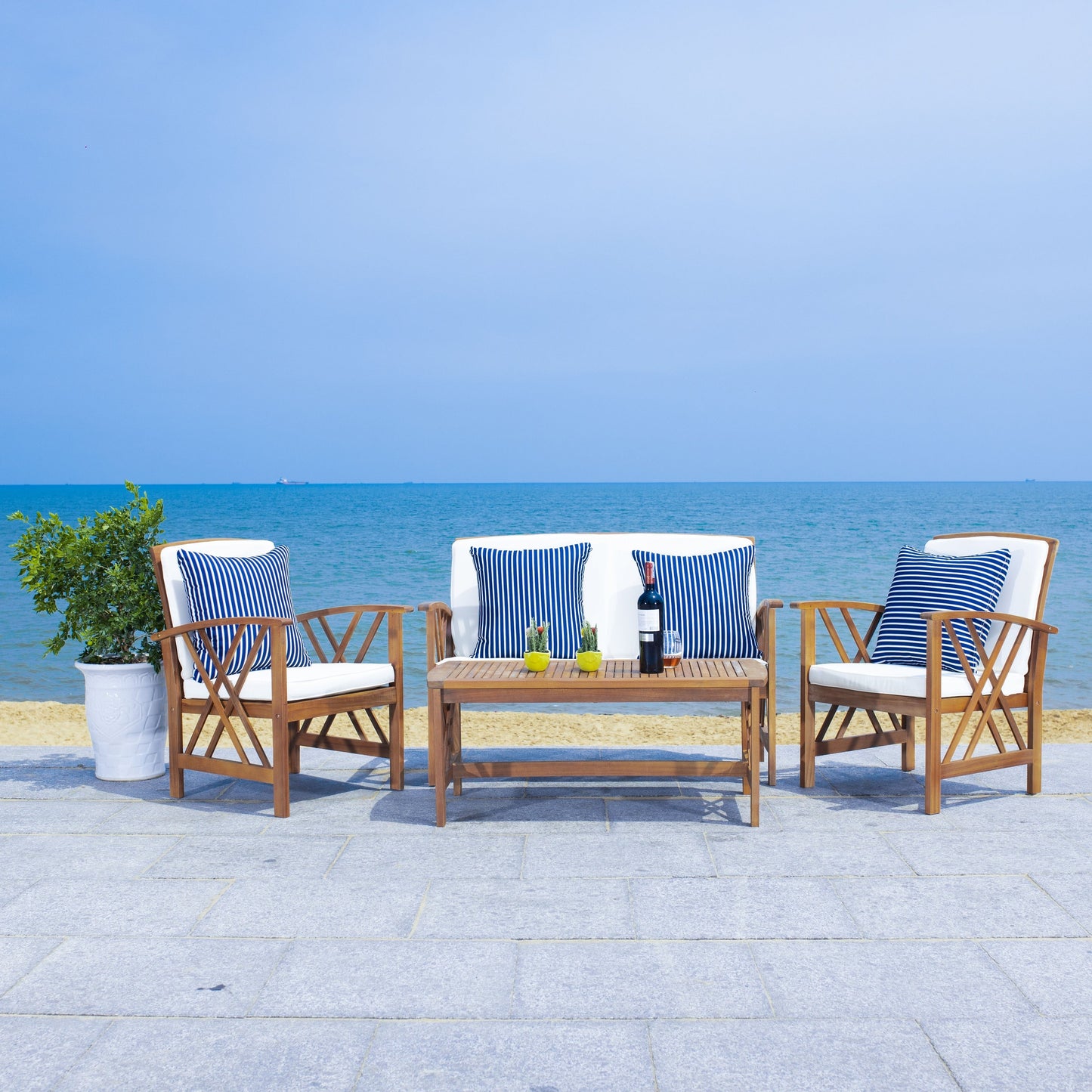 SAFAVIEH Outdoor Nayely Set da conversazione da patio in legno massello di acacia, 4 pezzi - 47L x 33P x 26A