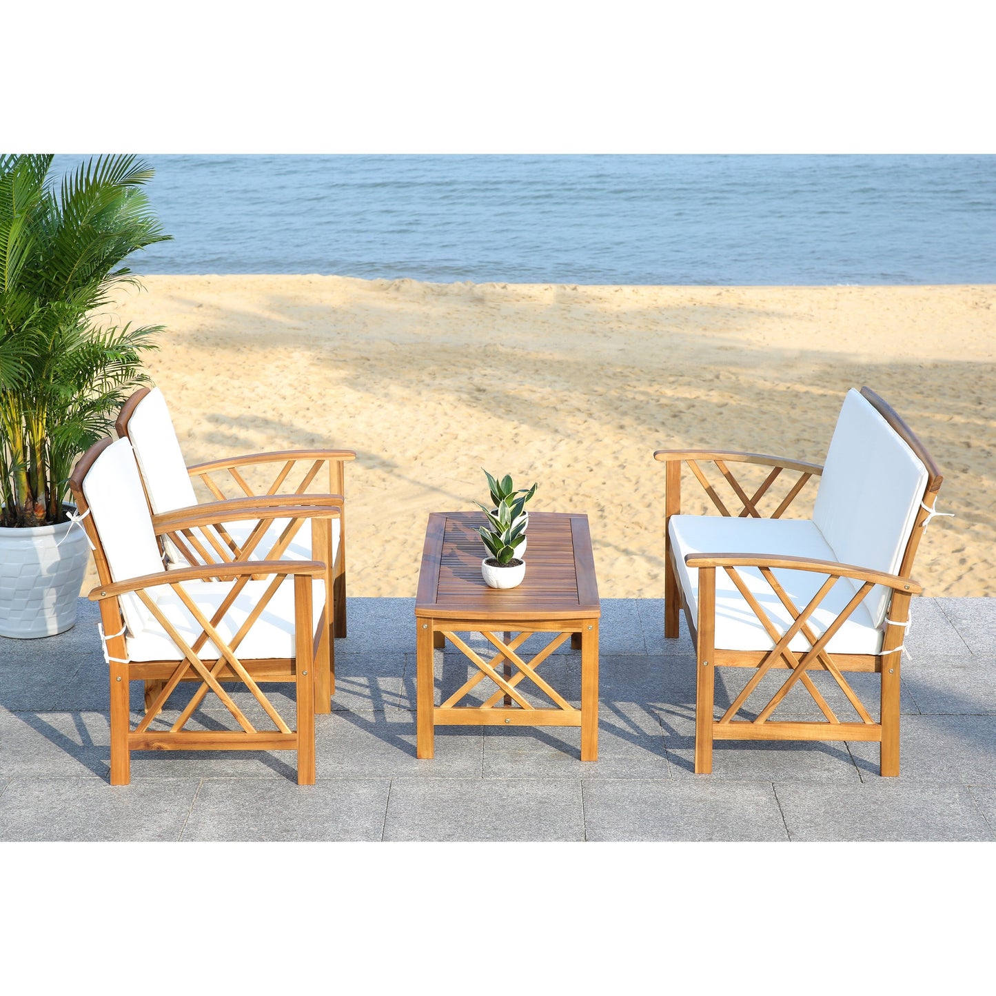 SAFAVIEH Outdoor Nayely Set da conversazione da patio in legno massello di acacia, 4 pezzi - 47L x 33P x 26A
