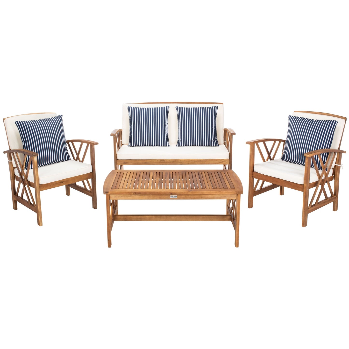 SAFAVIEH Outdoor Nayely Set da conversazione da patio in legno massello di acacia, 4 pezzi - 47L x 33P x 26A