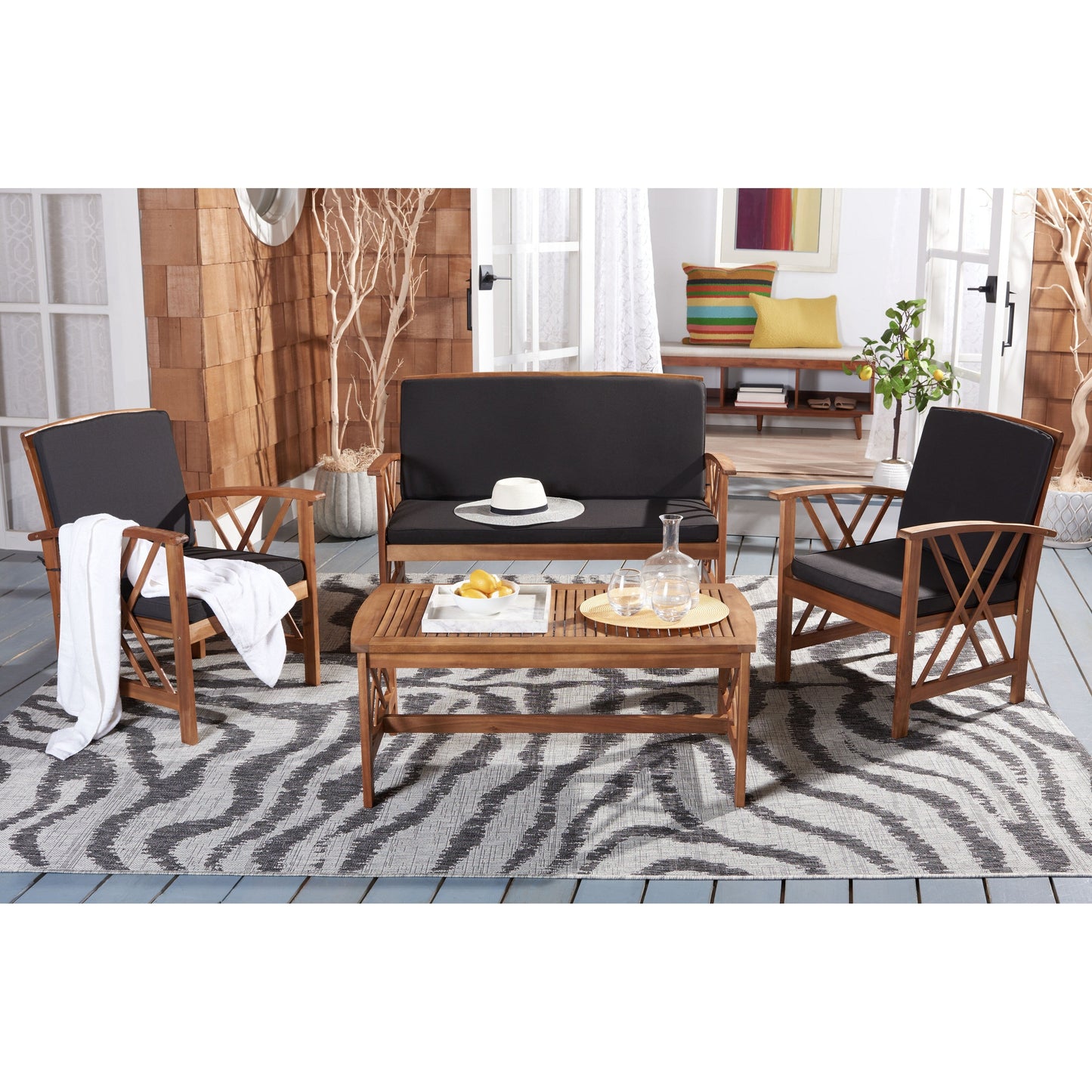 SAFAVIEH Outdoor Nayely Set da conversazione da patio in legno massello di acacia, 4 pezzi - 47L x 33P x 26A
