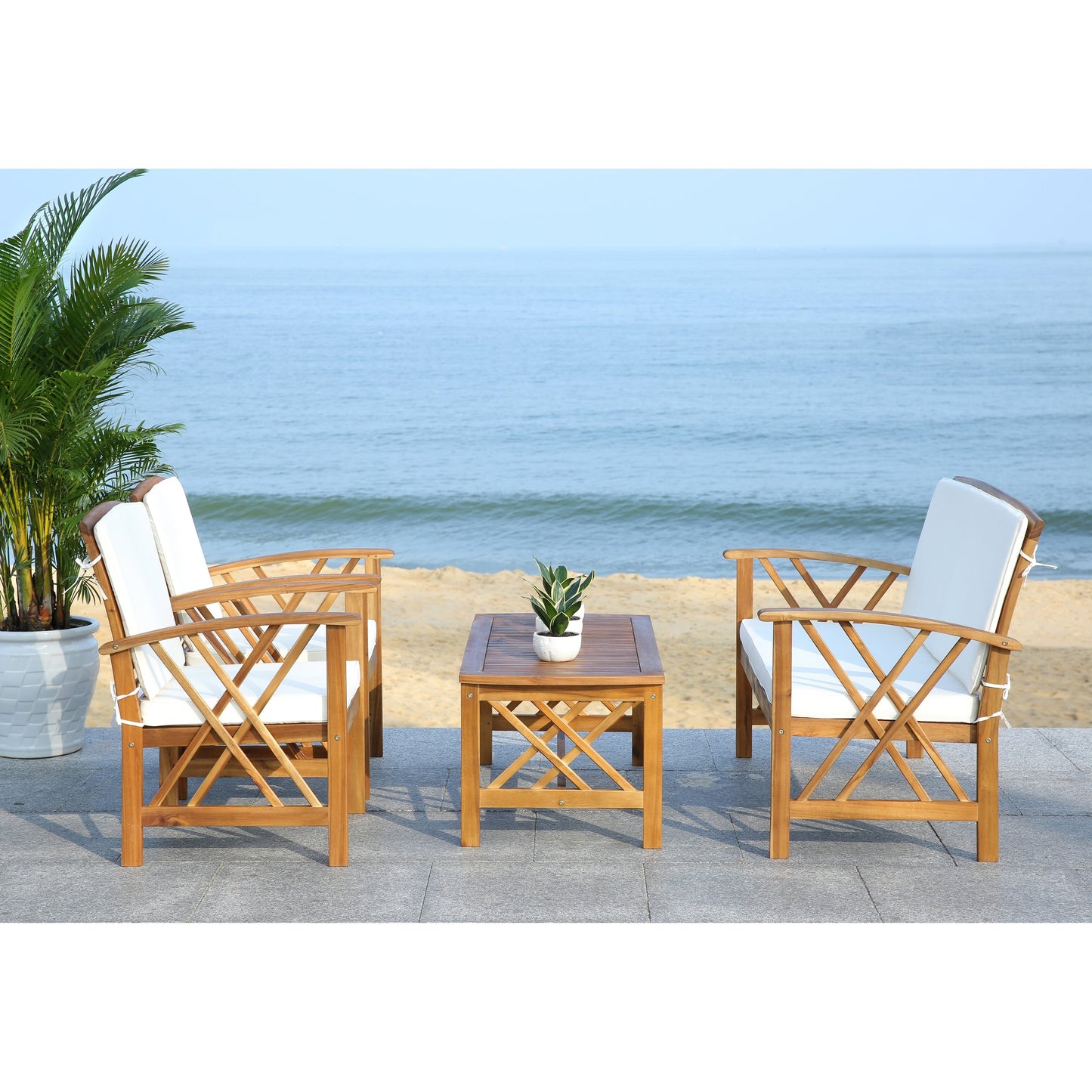 SAFAVIEH Outdoor Nayely Set da conversazione da patio in legno massello di acacia, 4 pezzi - 47L x 33P x 26A