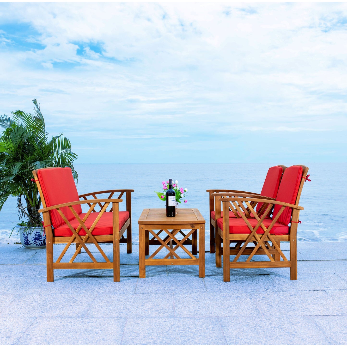 SAFAVIEH Outdoor Nayely Set da conversazione da patio in legno massello di acacia, 4 pezzi - 47L x 33P x 26A