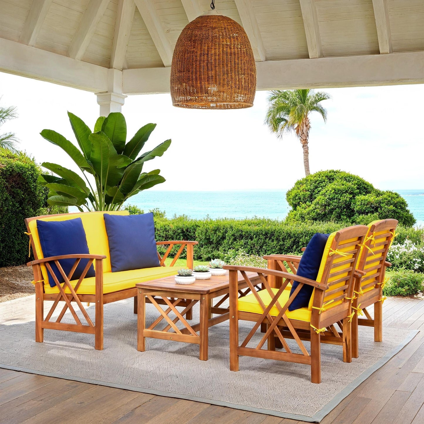 SAFAVIEH Outdoor Nayely Set da conversazione da patio in legno massello di acacia, 4 pezzi - 47L x 33P x 26A