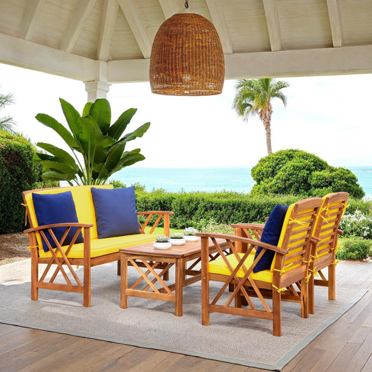 SAFAVIEH Outdoor Nayely Set da conversazione da patio in legno massello di acacia, 4 pezzi - 47L x 33P x 26A