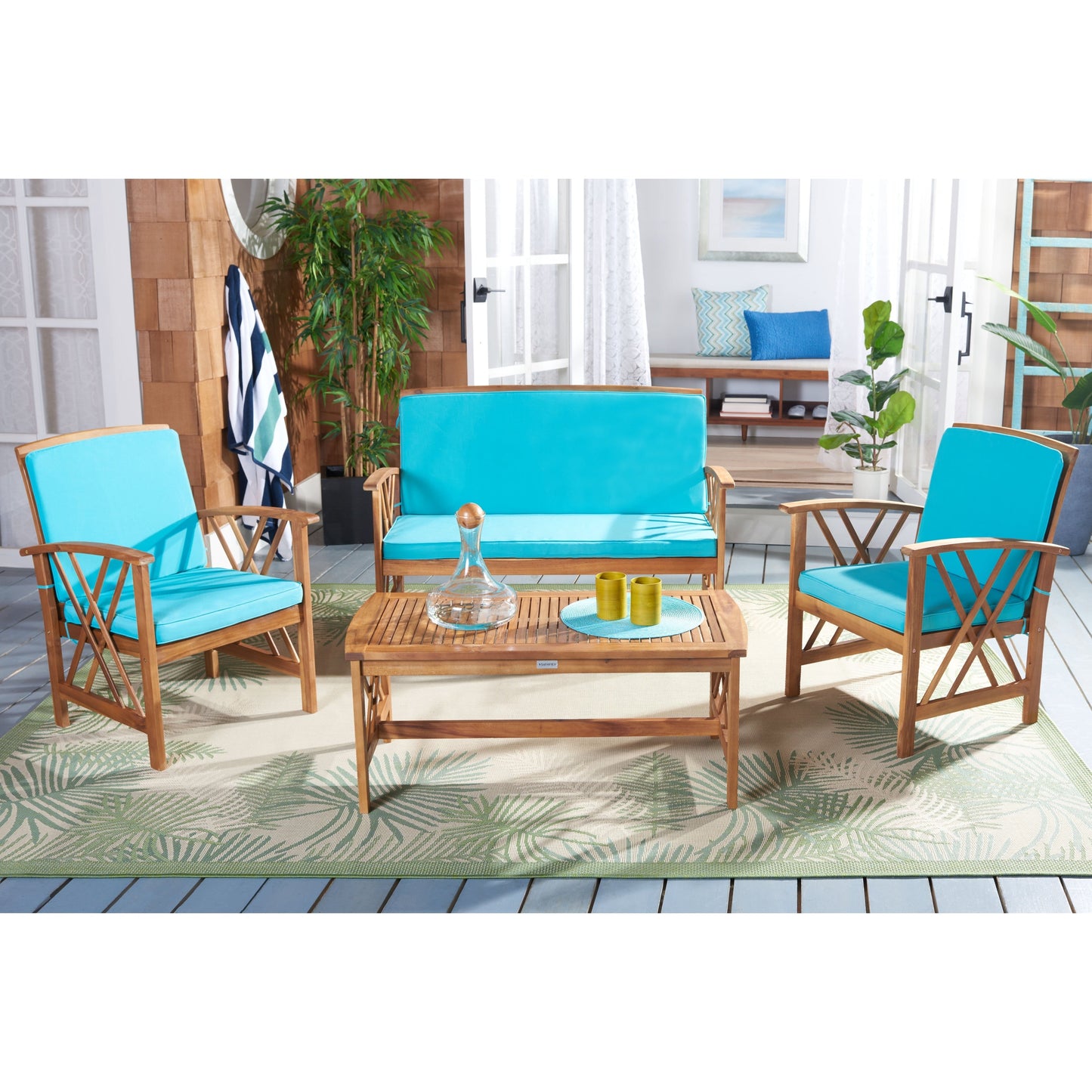 SAFAVIEH Outdoor Nayely Set da conversazione da patio in legno massello di acacia, 4 pezzi - 47L x 33P x 26A