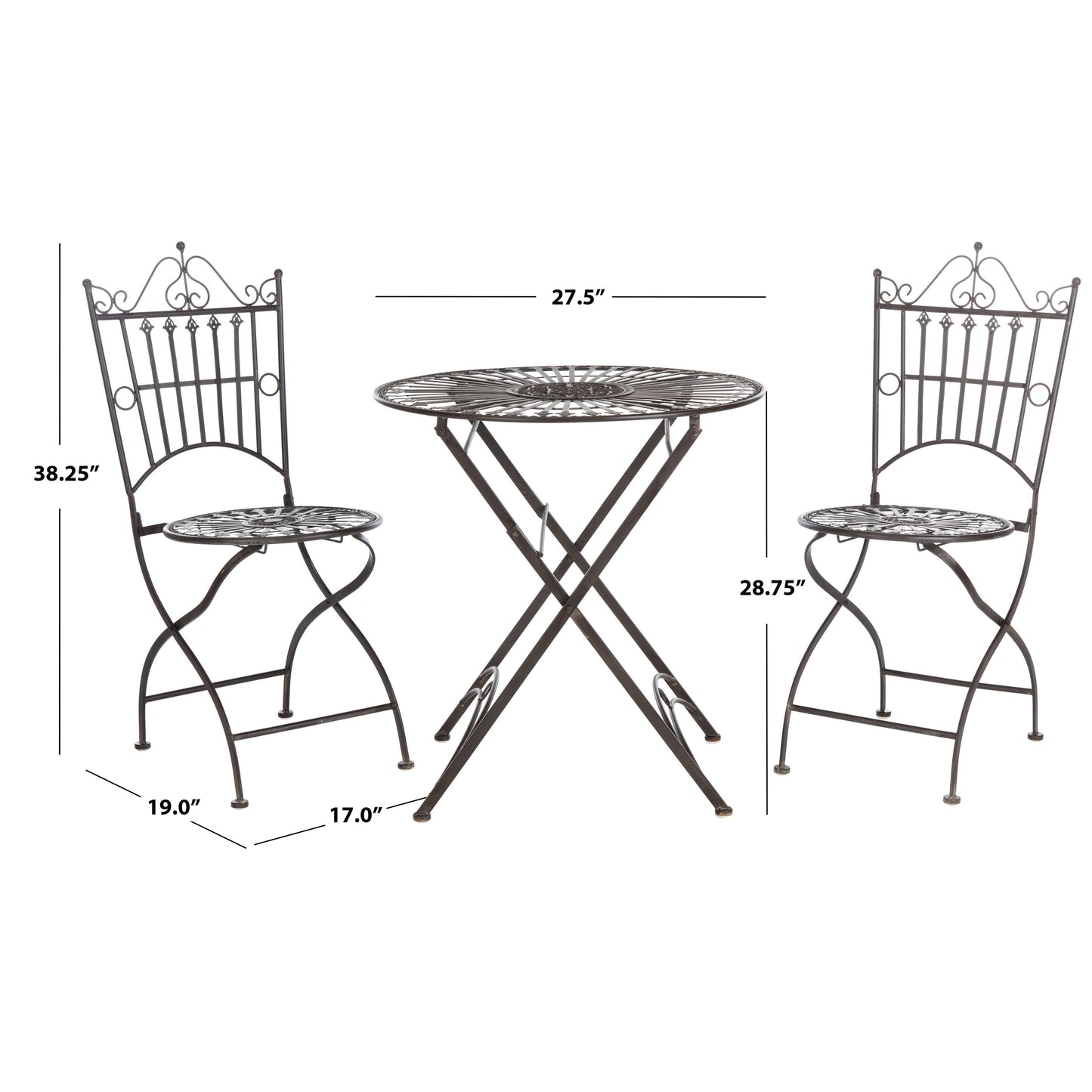 SAFAVIEH Set da bistrot da esterno Saige in ferro vittoriano, 3 pezzi - 28Lx28Px38A