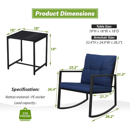 Set da bistrot a dondolo per patio da esterno in metallo nero SUNCROWN da 3 pezzi