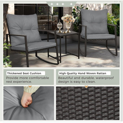 SUNCROWN Set da bistrot per conversazione con sedie a dondolo in vimini marrone/nero da esterno, 3 pezzi