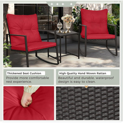 SUNCROWN Set da bistrot per conversazione con sedie a dondolo in vimini marrone/nero da esterno, 3 pezzi