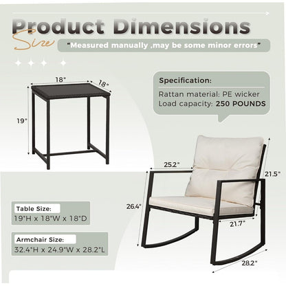 SUNCROWN Set da bistrot per conversazione con sedie a dondolo in vimini marrone/nero da esterno, 3 pezzi