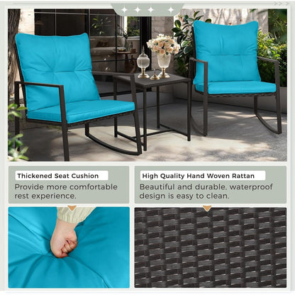 SUNCROWN Set da bistrot per conversazione con sedie a dondolo in vimini marrone/nero da esterno, 3 pezzi