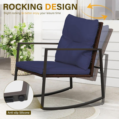 SUNCROWN Set da bistrot per conversazione con sedie a dondolo in vimini marrone/nero da esterno, 3 pezzi