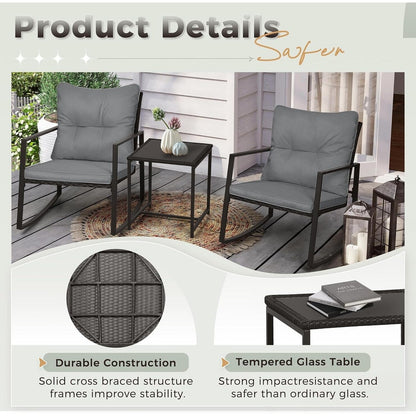 SUNCROWN Set da bistrot per conversazione con sedie a dondolo in vimini marrone/nero da esterno, 3 pezzi