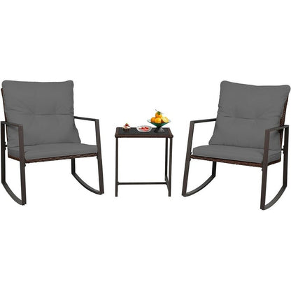 SUNCROWN Set da bistrot per conversazione con sedie a dondolo in vimini marrone/nero da esterno, 3 pezzi