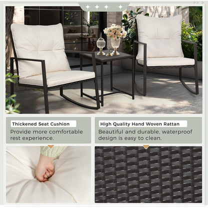 SUNCROWN Set da bistrot per conversazione con sedie a dondolo in vimini marrone/nero da esterno, 3 pezzi