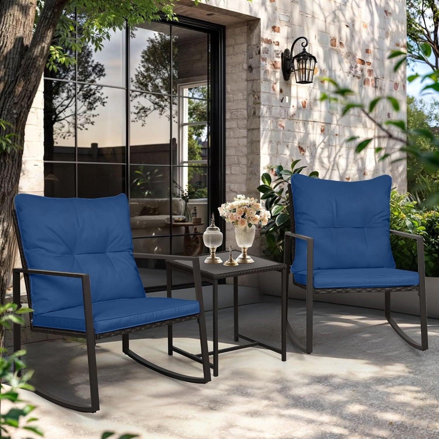 SUNCROWN Set da bistrot per conversazione con sedie a dondolo in vimini marrone/nero da esterno, 3 pezzi