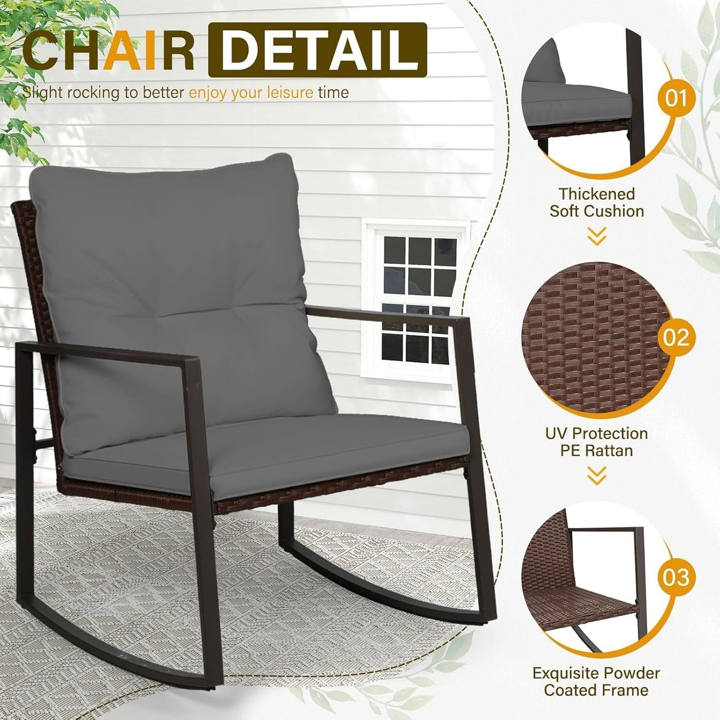 SUNCROWN Set da bistrot per conversazione con sedie a dondolo in vimini marrone/nero da esterno, 3 pezzi