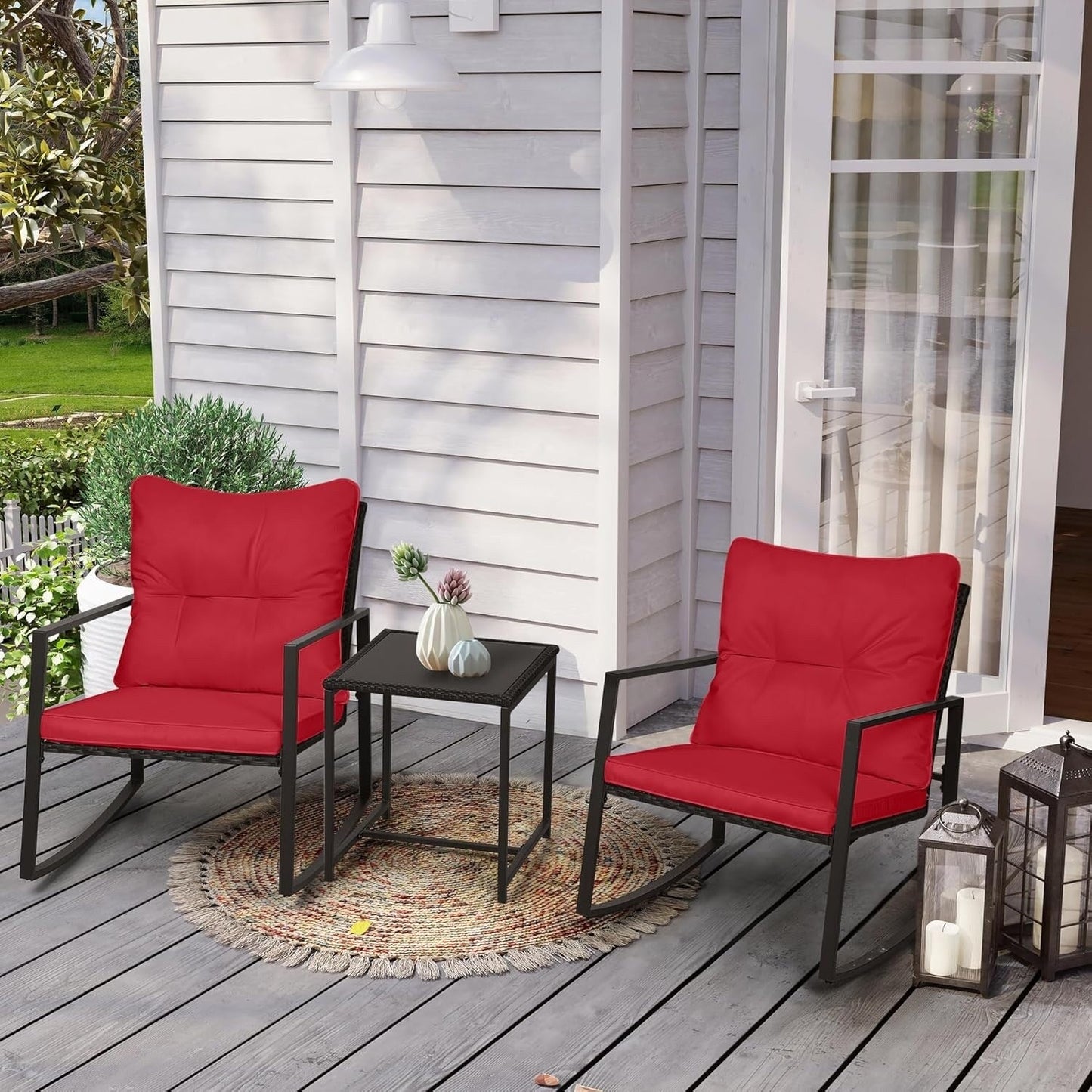 SUNCROWN Set da bistrot per conversazione con sedie a dondolo in vimini marrone/nero da esterno, 3 pezzi