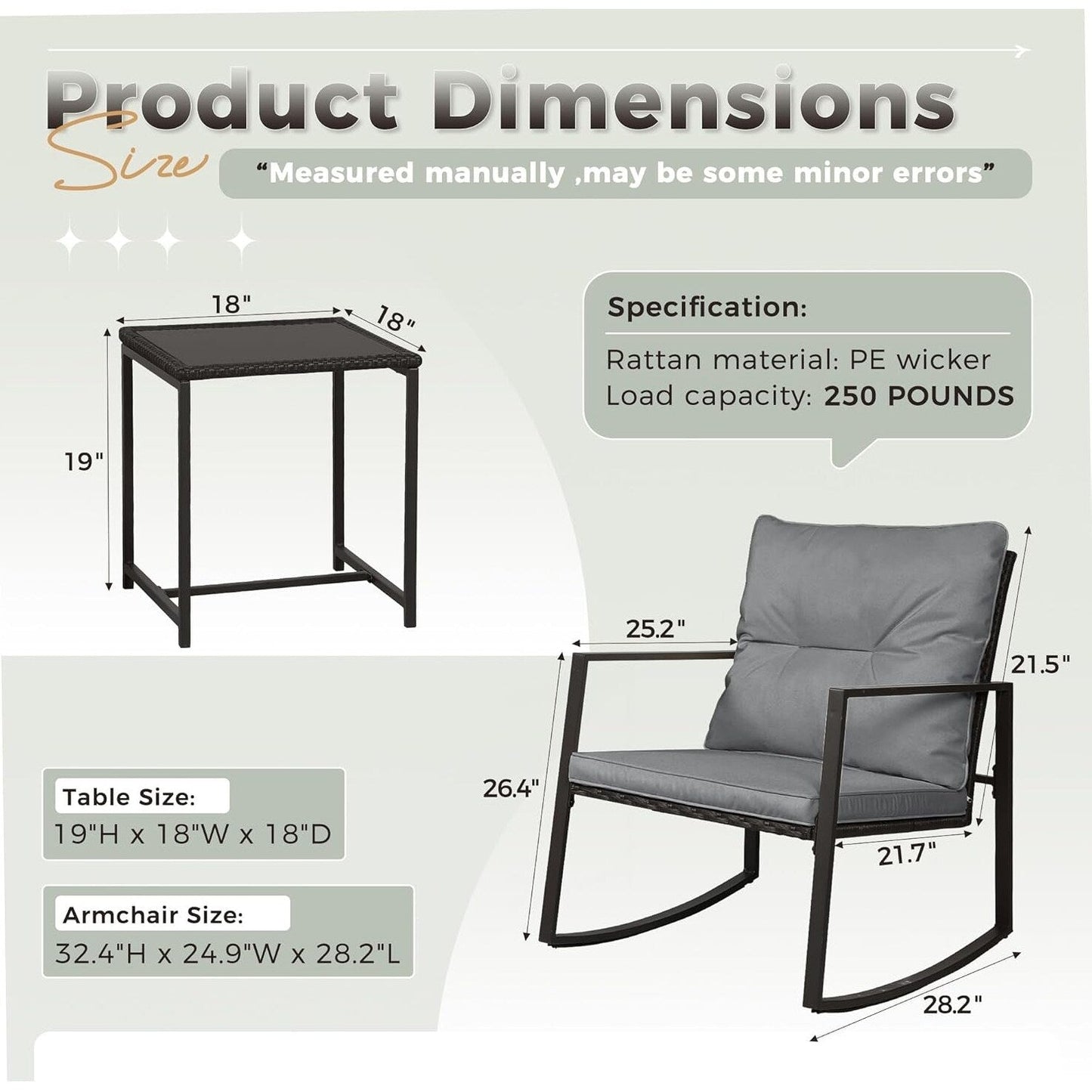 SUNCROWN Set da bistrot per conversazione con sedie a dondolo in vimini marrone/nero da esterno, 3 pezzi