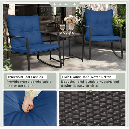 SUNCROWN Set da bistrot per conversazione con sedie a dondolo in vimini marrone/nero da esterno, 3 pezzi