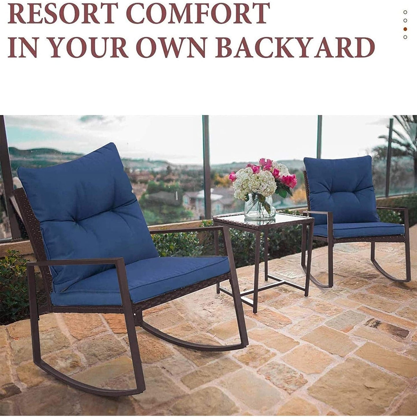 SUNCROWN Set da bistrot per conversazione con sedie a dondolo in vimini marrone/nero da esterno, 3 pezzi