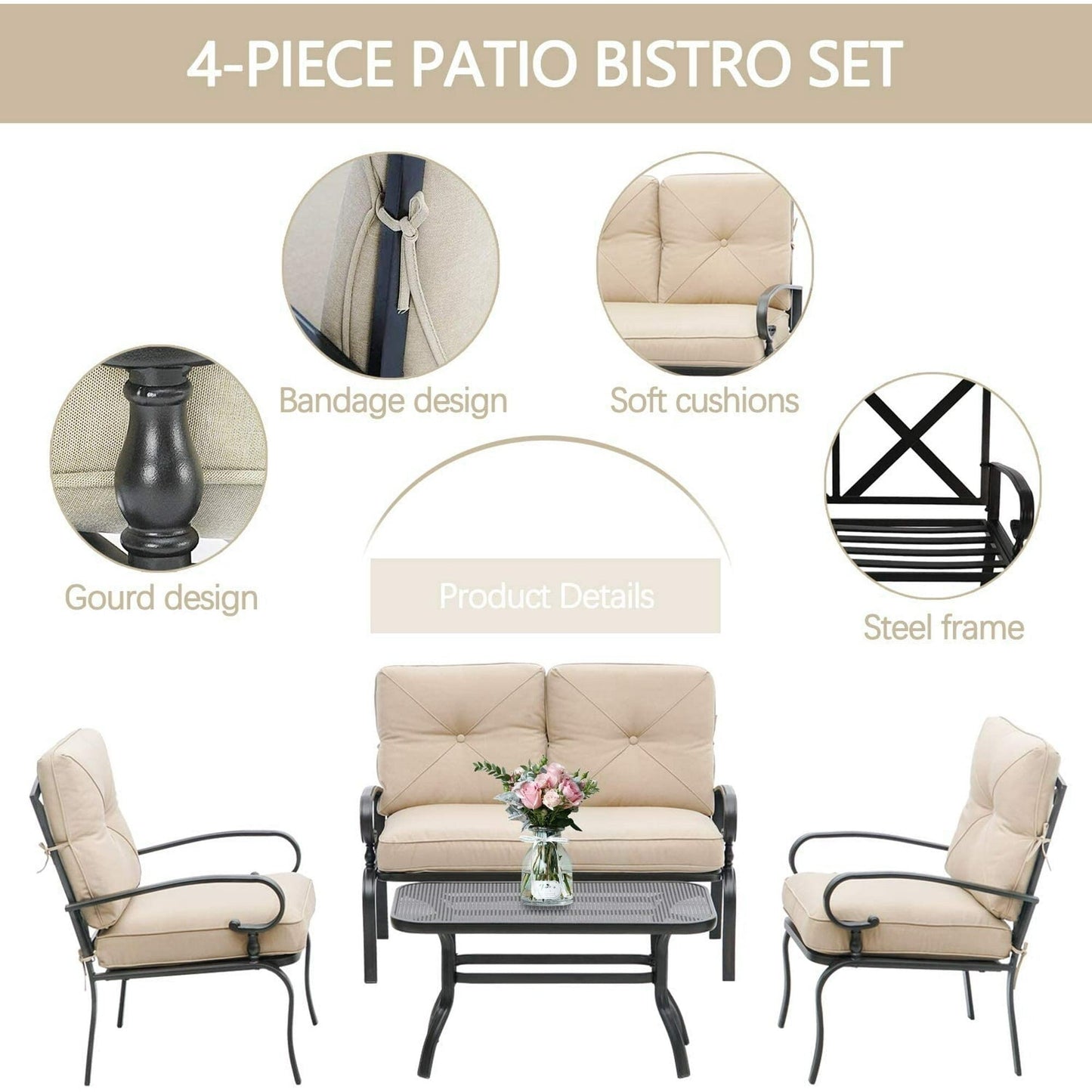 SUNCROWN 4 pezzi mobili da esterno patio set da conversazione divano a due posti