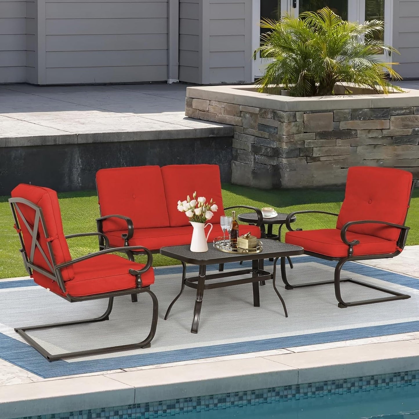 Set da conversazione per esterni SUNCROWN da 5 pezzi, panca da giardino e 2 sedie a sdraio con 2 tavolini da caffè