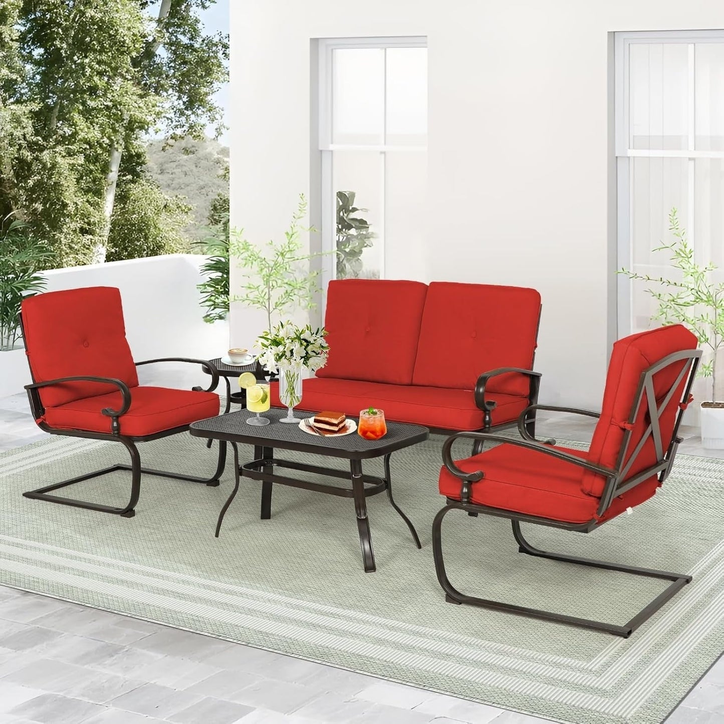 Set da conversazione per esterni SUNCROWN da 5 pezzi, panca da giardino e 2 sedie a sdraio con 2 tavolini da caffè