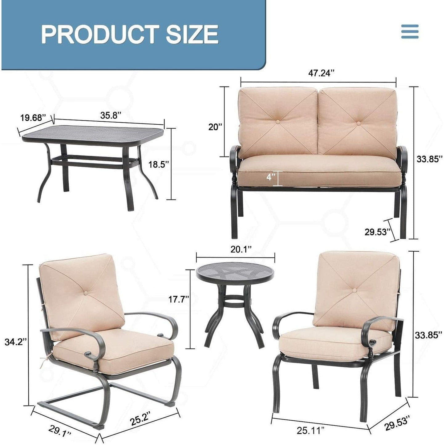 Set da conversazione per patio con mobili da esterno in metallo SUNCROWN da 7 pezzi