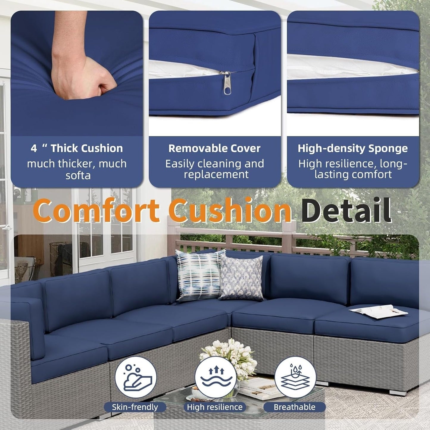 Set da conversazione con divano componibile imbottito in vimini e rattan grigio da esterno, 7 pezzi