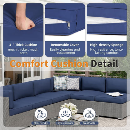 Set da conversazione con divano componibile imbottito in vimini e rattan grigio da esterno, 7 pezzi