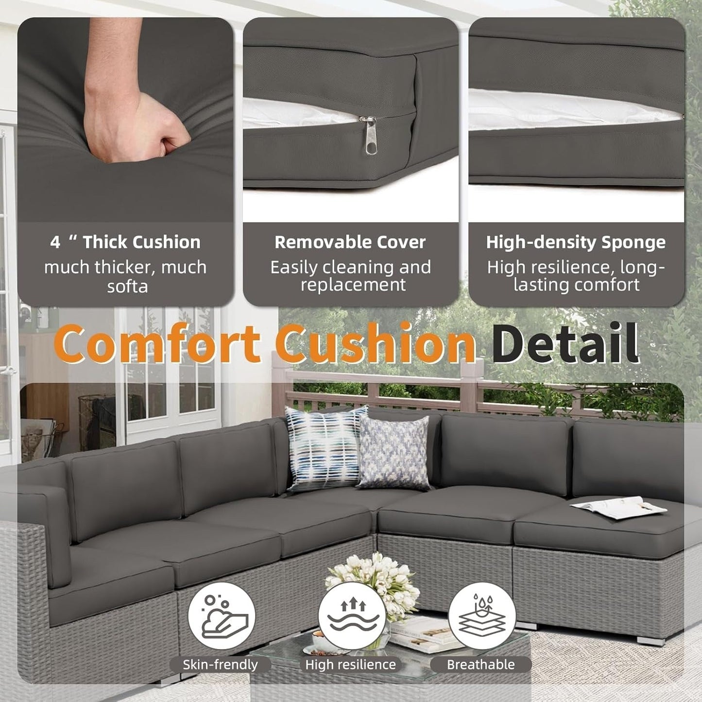 Set da conversazione con divano componibile imbottito in vimini e rattan grigio da esterno, 7 pezzi