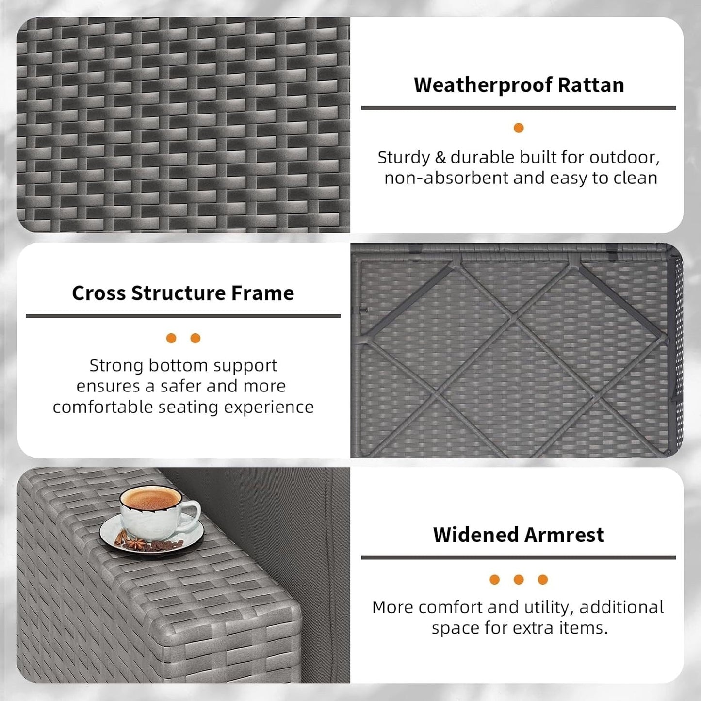 Set da conversazione con divano componibile imbottito in vimini e rattan grigio da esterno, 7 pezzi