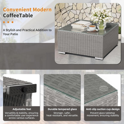 Set da conversazione con divano componibile imbottito in vimini e rattan grigio da esterno, 7 pezzi