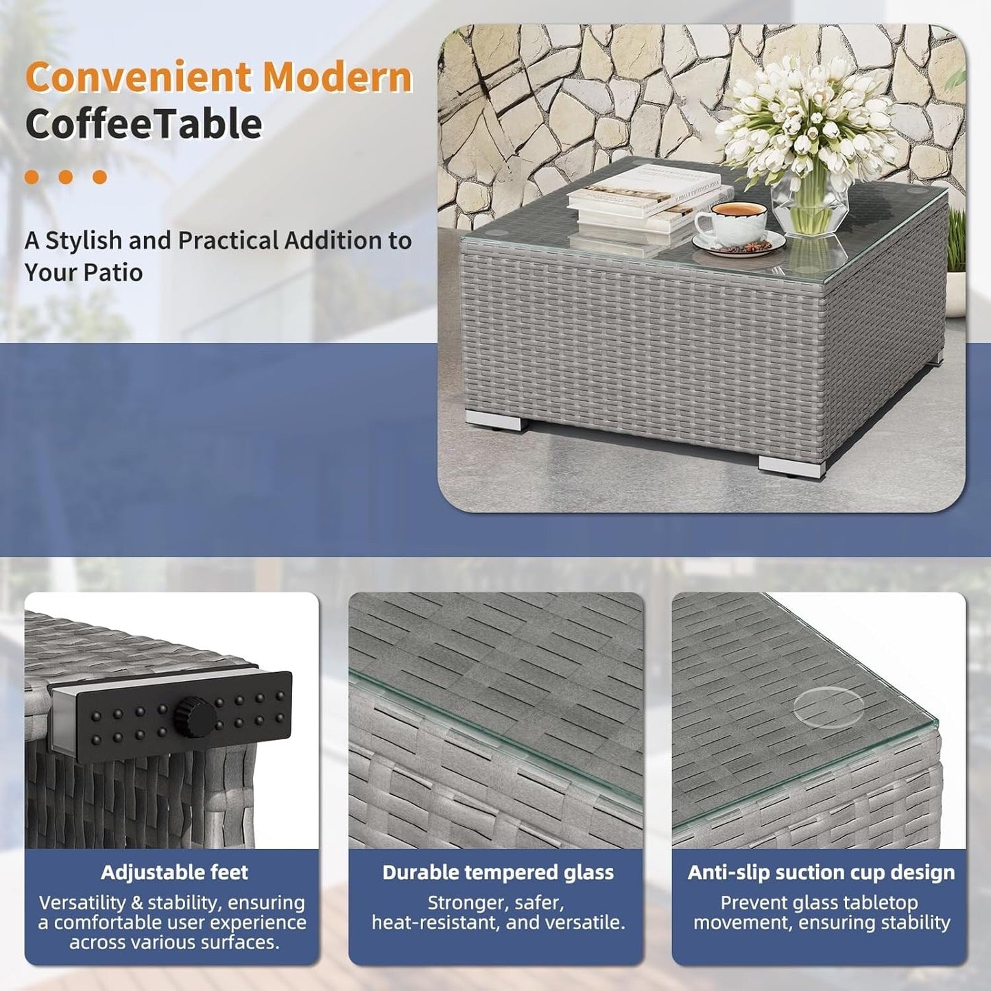 Set da conversazione con divano componibile imbottito in vimini e rattan grigio da esterno, 7 pezzi