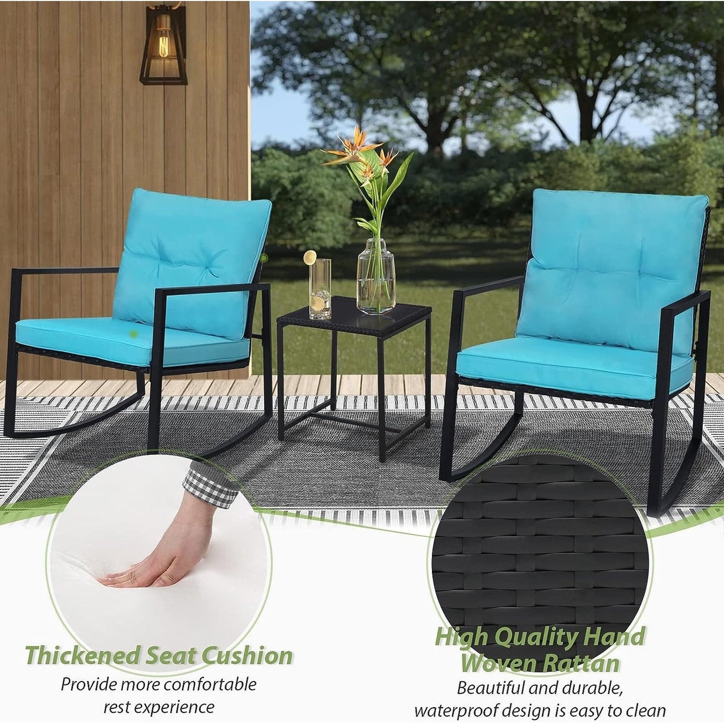 Set da bistrot a dondolo per patio da esterno in metallo nero SUNCROWN da 3 pezzi