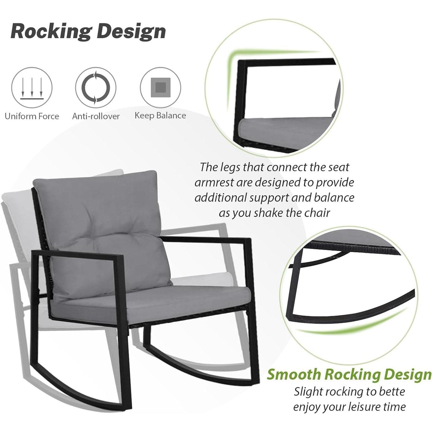 Set da bistrot a dondolo per patio da esterno in metallo nero SUNCROWN da 3 pezzi