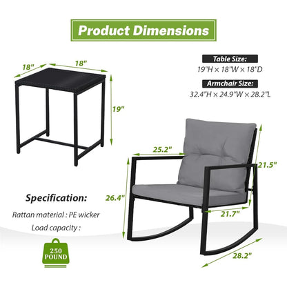 Set da bistrot a dondolo per patio da esterno in metallo nero SUNCROWN da 3 pezzi