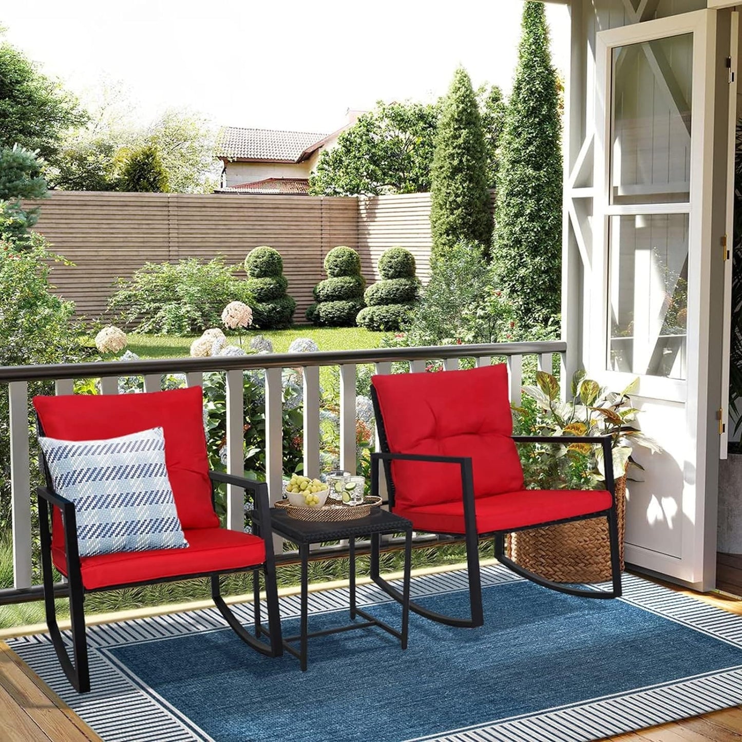 Set da bistrot a dondolo per patio da esterno in metallo nero SUNCROWN da 3 pezzi