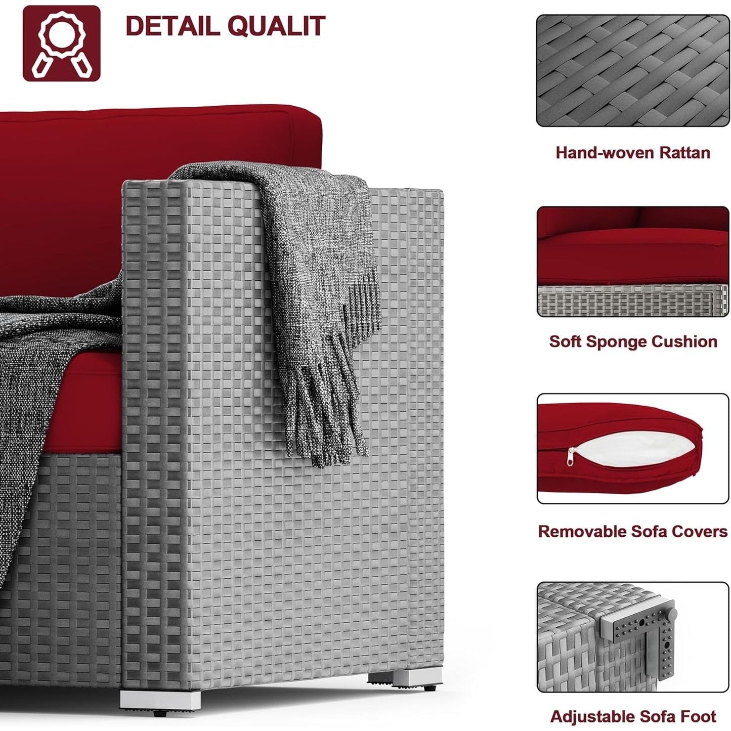 Set da conversazione con divano componibile imbottito in vimini e rattan grigio da esterno, 7 pezzi
