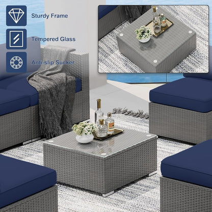 Set da conversazione con divano componibile imbottito in vimini e rattan grigio da esterno, 7 pezzi