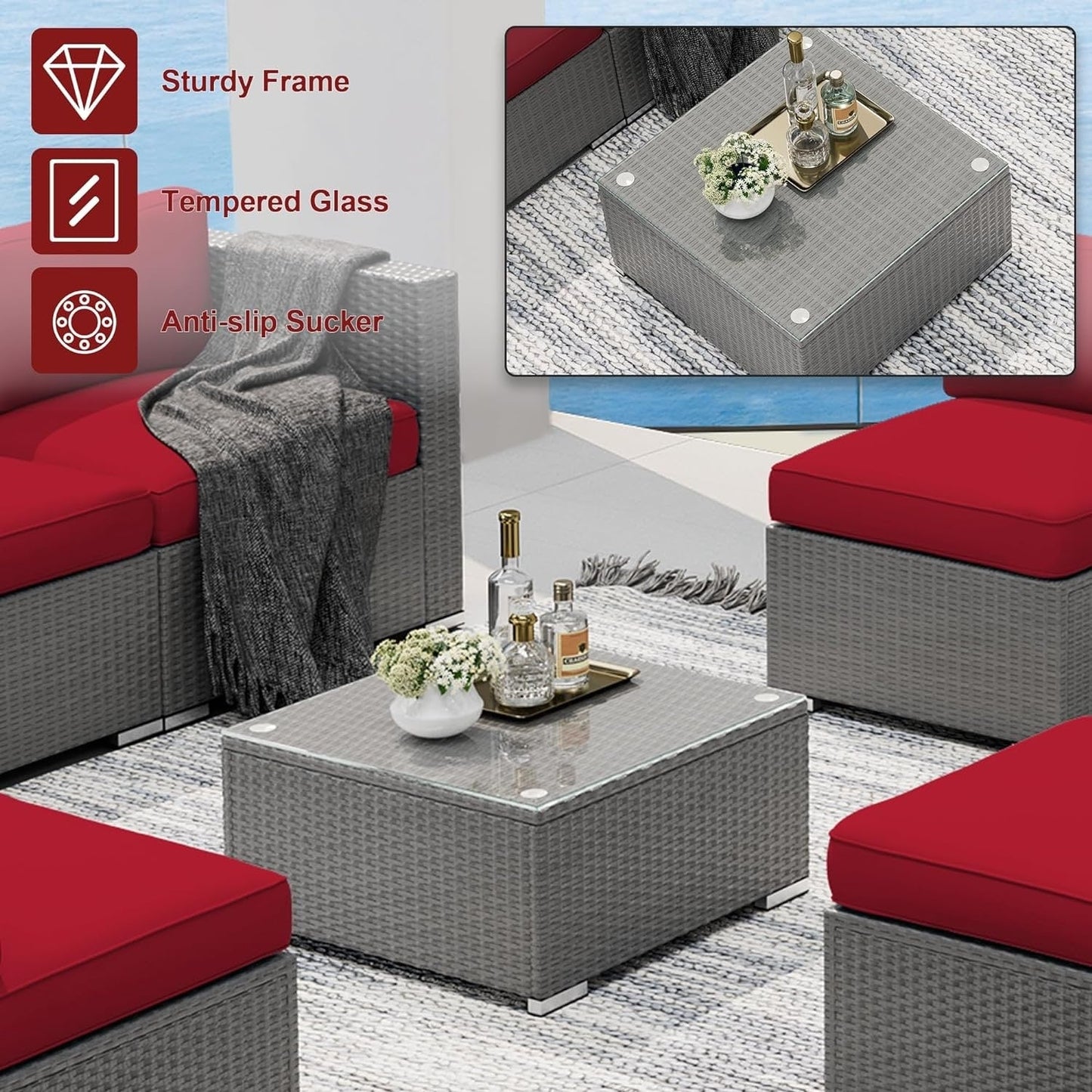 Set da conversazione con divano componibile imbottito in vimini e rattan grigio da esterno, 7 pezzi